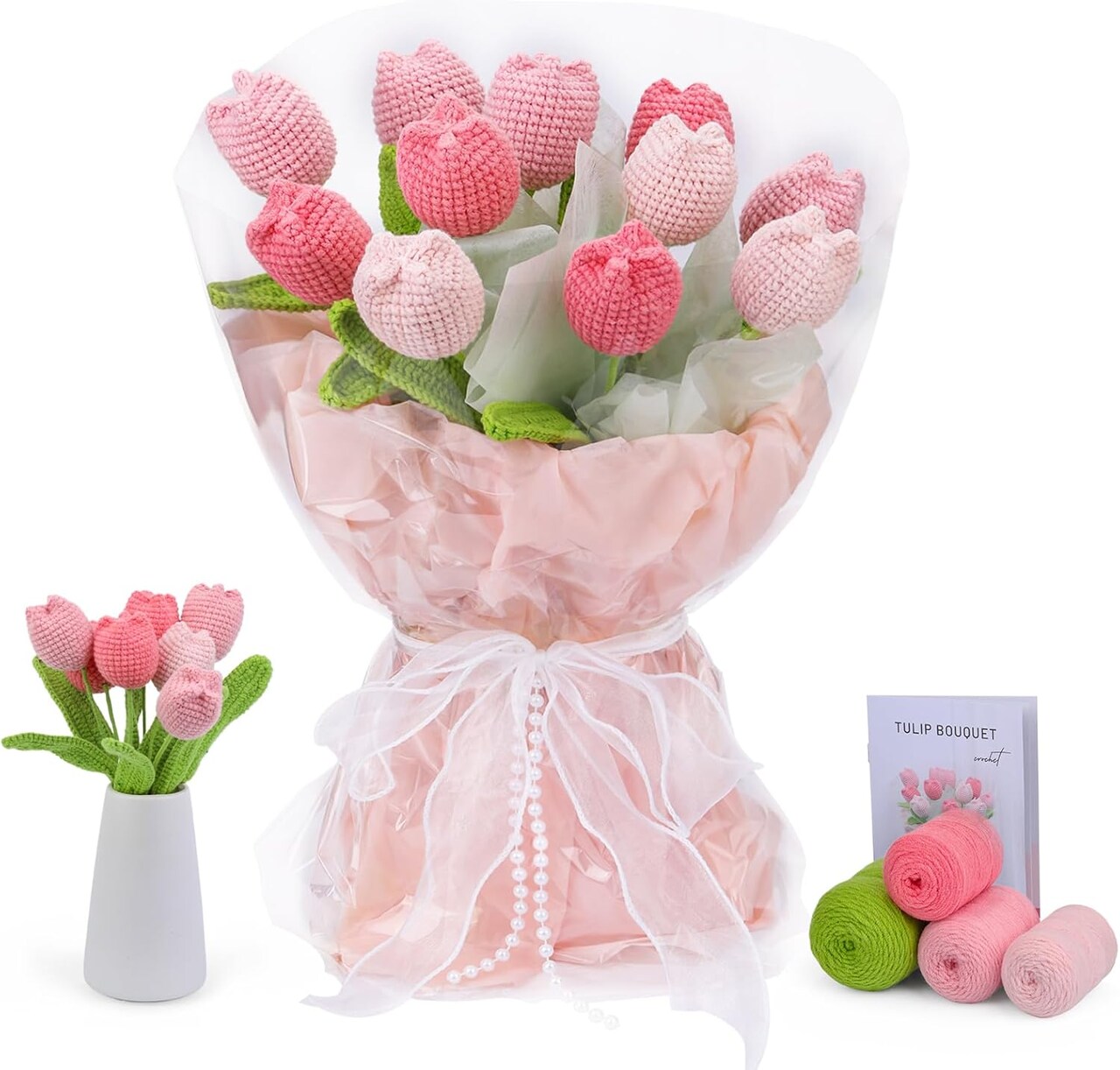 Crochet Kit for Beginners - Flower Bouquet With Step-by-Step Video Tutorials for Adults, Birthday, DIY Craft Home Decor (Pink)